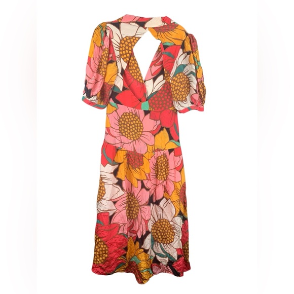 Farm Rio size small pink orange floral midi dress tropical cottage sunflower - Picture 3 of 15